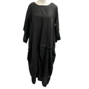 Catharina 100% Linen Minimalist Lagenlook Modern Goth Midi Dress Black size XL